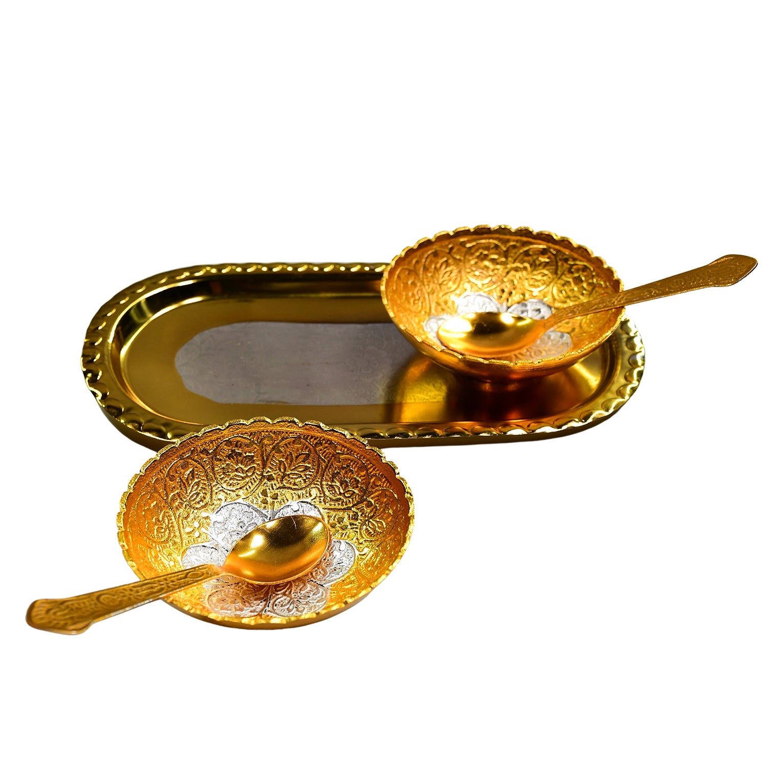 2947 Gold Silver Plated 2 Bowl 2 Spoon Tray Set Brass with Red Velvet Gift Box Serving Dry Fruits Desserts Gift DeoDap 2947 Gold Silver Plated 2 Bowl 2 Spoon Tray Set Brass with Red Velvet Gift Box Serving Dry Fruits Desserts Gift DeoDap